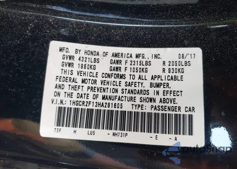 2017 Honda Accord Sport Se z USA, uszkodzony, nr VIN 1HGCR2F13HA281605